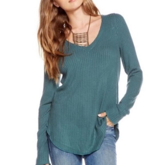 Chaser Waffle Knit Thermal Top Teal Green Size Medium Button Cuffs - Picture 1 of 5